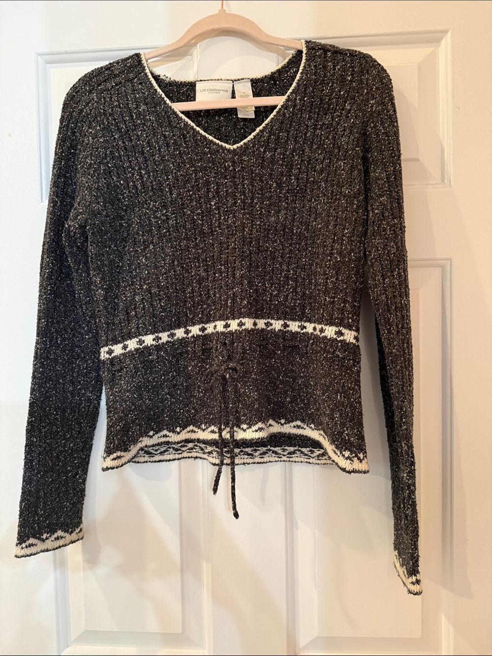 Liz Claiborne Black V-Neck Knit Sweater with White Trim